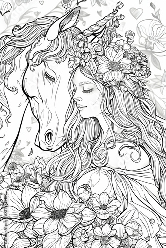 close up black and white portrait of a unicorn with a girl and flowers for children's coloring books