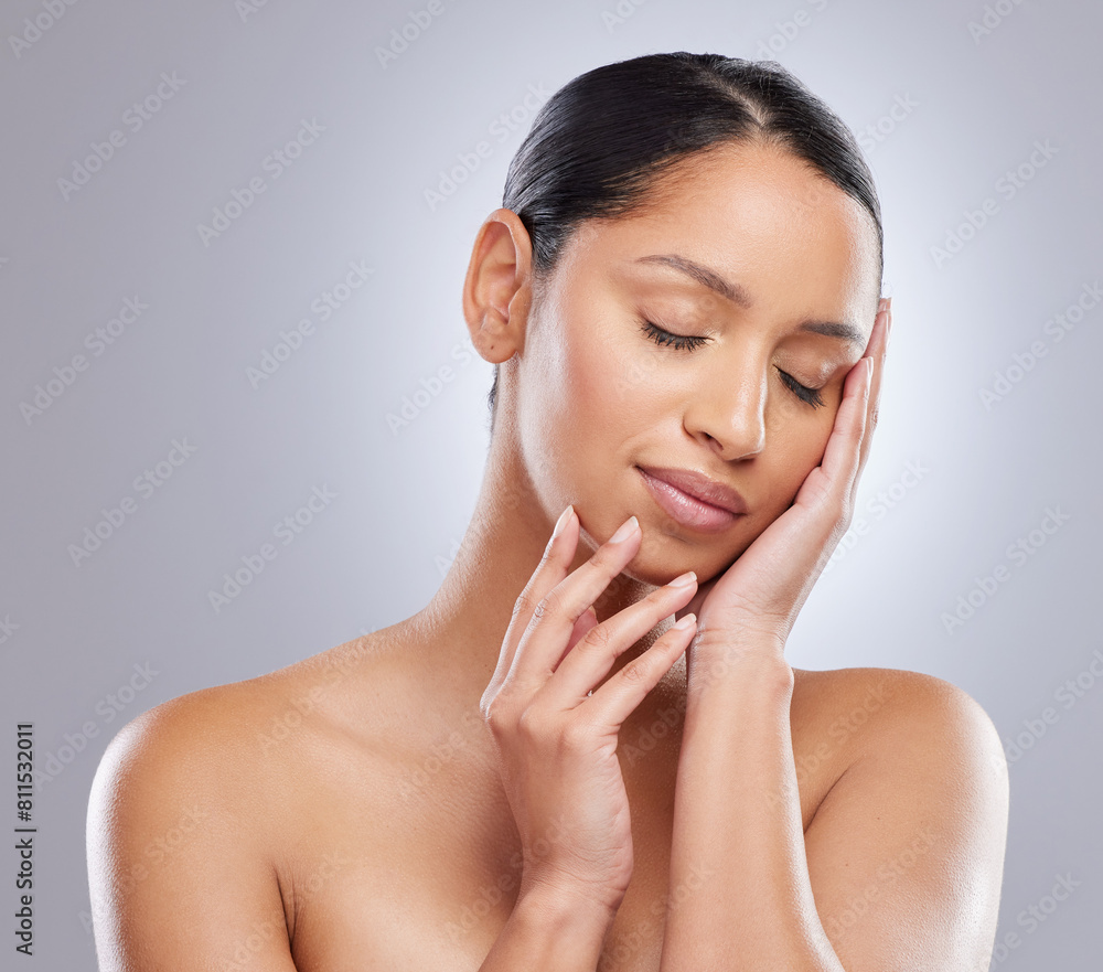 Smile, cosmetics and woman with skincare in studio for natural beauty, self care and spa treatment. Female person, relax and eyes closed with pride for dermatology, glow and shine on gray background Smile, cosmetics and woman with skincare in studio for natural beauty, self care and spa treatment. Female person, relax and eyes closed with pride for dermatology, glow and shine on gray background