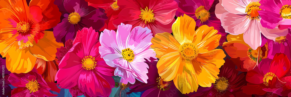 pop art graphic flowers in various shades of pink, yellow, and orange arranged in a colorful arrangement pop art graphic flowers in various shades of pink, yellow, and orange arranged in a colorful arrangement