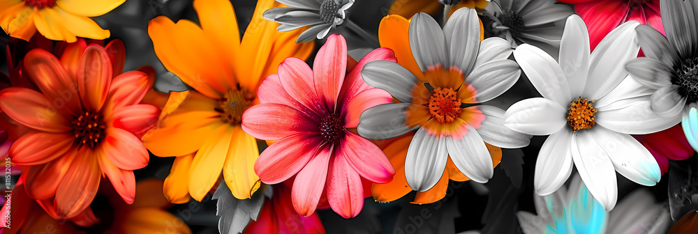 pop art graphic flowers in various shades of pink, yellow, orange, and white arranged in a colorful pattern pop art graphic flowers in various shades of pink, yellow, orange, and white arranged in a colorful pattern