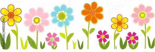 Wallpaper Mural pop art graphic flowers in various shades of pink, yellow, blue, and red arranged in a row Torontodigital.ca