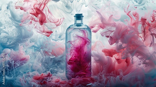 The image shows a bottle of perfume surrounded by colorful smoke