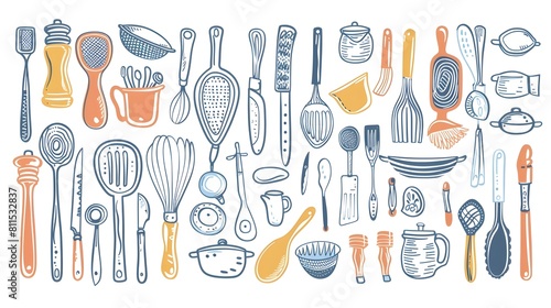 Compilation of Doodled Kitchen Utensils with Lace Patterns and Abstract Calligraphic Designs Generative ai