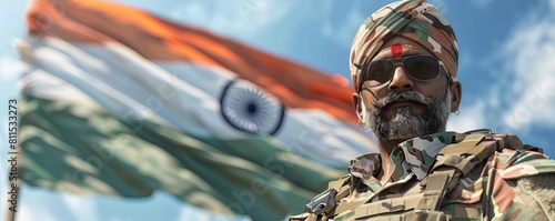 Clipart illustration of an Indian soldier in traditional uniform, with the national flag in the background photo
