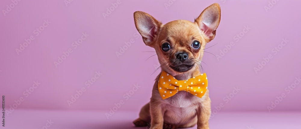 Fototapeta premium Tiny Chihuahua puppy wearing a stylish yellow polka dot bow tie, looking adorable on a soft pink background.