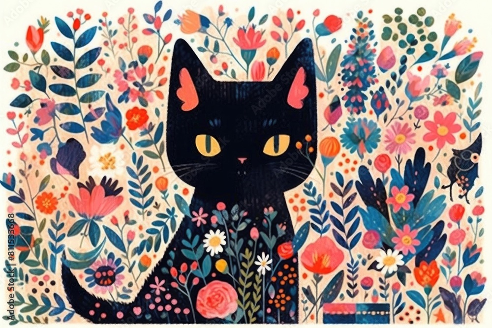 Black cat between florals art Black cat between florals art