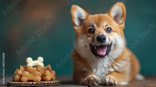 Excited Corgi puppy with a wide smile  eagerly looking at a plate of dog treats  ready to enjoy a delicious snack.