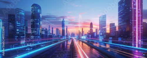 concept art of an augmented reality city with interactive holographic displays featuring tall buildings against a blue sky