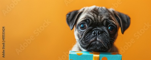 Cute pug puppy looking curiously at the camera, holding a birthday gift wrapped in teal and orange on an orange background. © Papatsorn