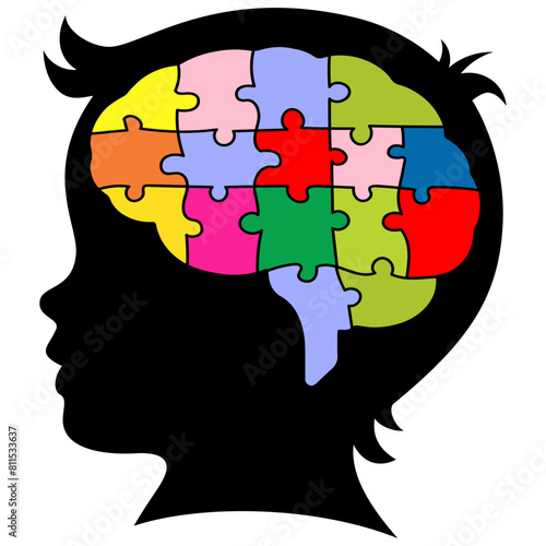 Brain Puzzle Child Head Silhouette Colorful Pieces Vector Illustration Icon