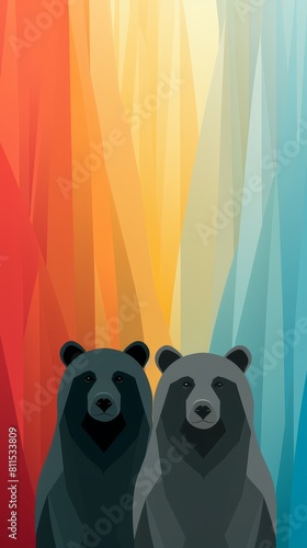 Two cartoon bears are standing in front of a rainbow background