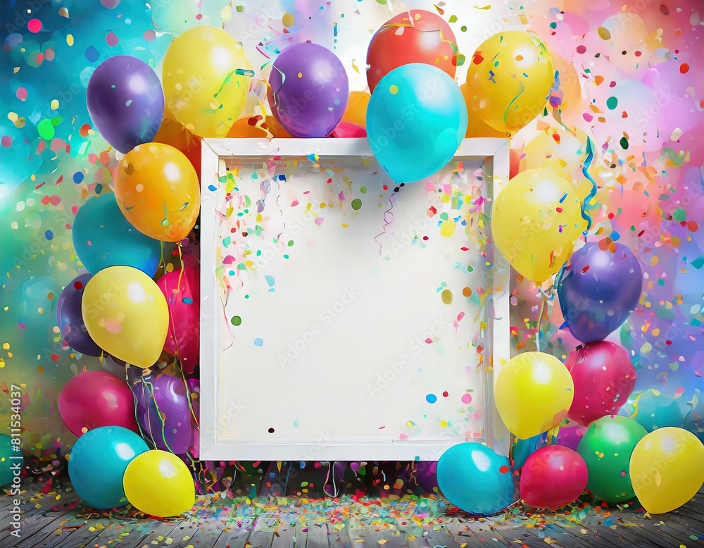 and celebration against a bright background perfect for birthday invitations or event,card with balloons a playful pop blank white canvas frame adorned with colorful balloons and confetti, exuding joy