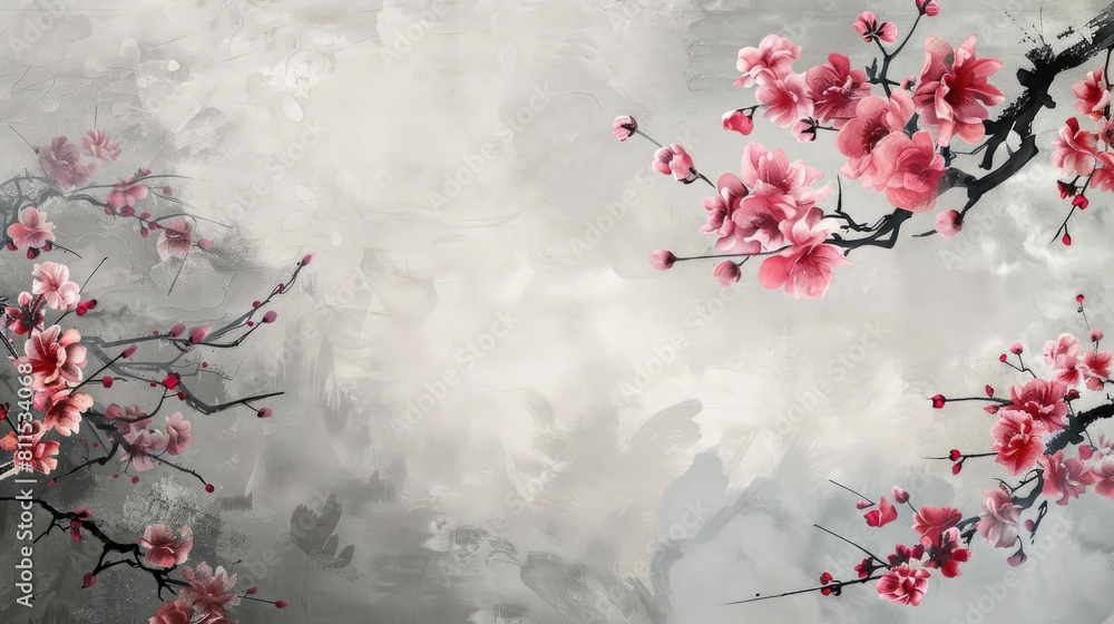 Gray sky background complements pink fruit blossoms