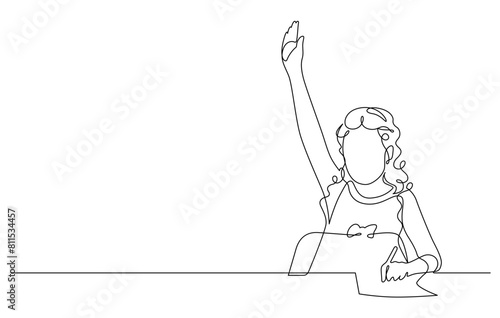 continuous line drawing of school girl raising hand for signal answer and questions in classroom vector