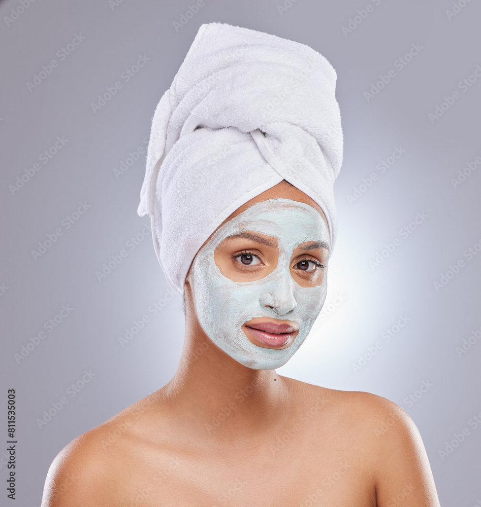 Face mask, skincare and portrait of woman in studio with natural, health and fresh facial treatment. Cosmetic, beauty and person with cosmetic mud product for dermatology routine by gray background. Face mask, skincare and portrait of woman in studio with natural, health and fresh facial treatment. Cosmetic, beauty and person with cosmetic mud product for dermatology routine by gray background.