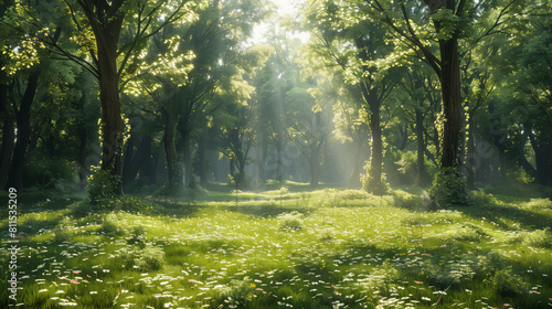 A peaceful forest glade with dappled sunlight