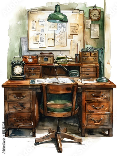 A watercolor painting of a vintage wooden desk with a green lamp, books, papers, and a rotary phone. The desk is in front of a corkboard with maps, notes, and a clock. photo