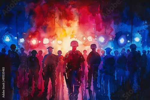 Artistic watercolor painting of a group of soldiers walking through a war-torn city