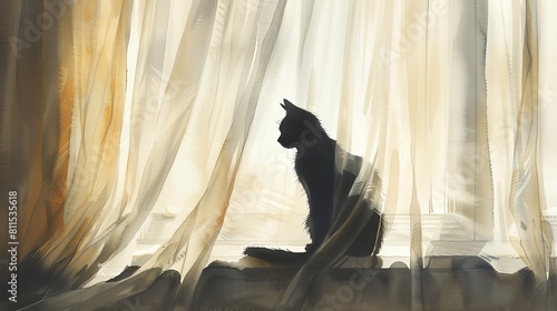 A beautiful watercolor painting of a black cat sitting in a window