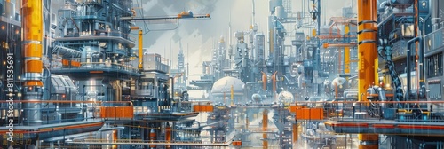 conceptual painting of a cityscape with molecular assembler towers in the background, featuring a blue building on the left