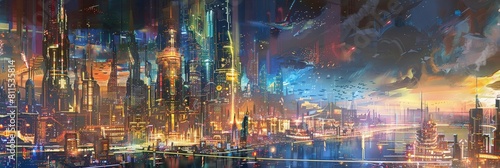 conceptual painting of a cityscape with nanoscale construction bots, featuring a towering skyscraper, a bustling street, and a bustling river