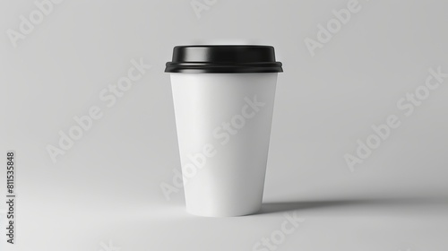 A white coffee cup with black lid on a gray background.
