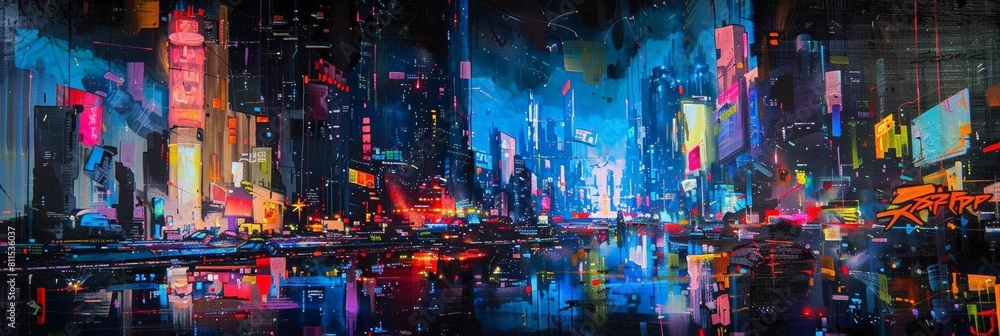 conceptual painting of a cyberpunk scene with neon - lit megapolisted buildings in the background