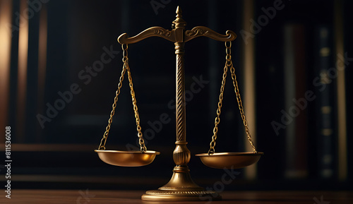 Scales of Justice on the wooden table in Court Hall. Law concept of Judiciary, Jurisprudence and Justice and business financial protection
