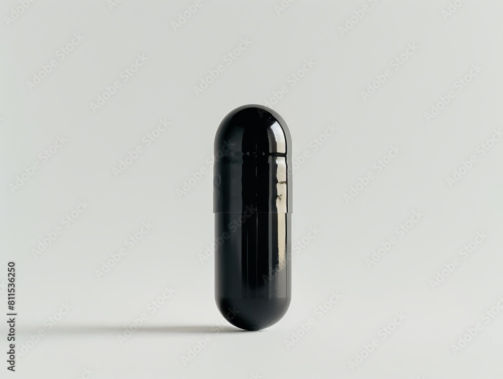 A black pill on a white surface. A black pill on a white surface.