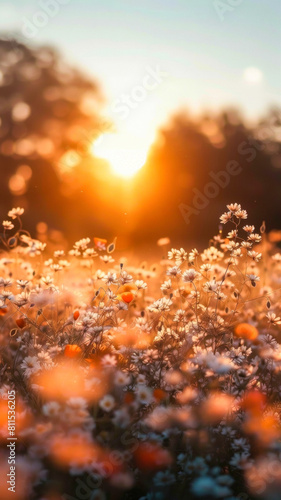 poppy fields in sunset sky with sunlight  blurred background