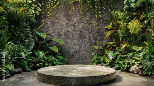 The image is a 3D rendering of a stone pedestal or stage in a lush green jungle setting. photo