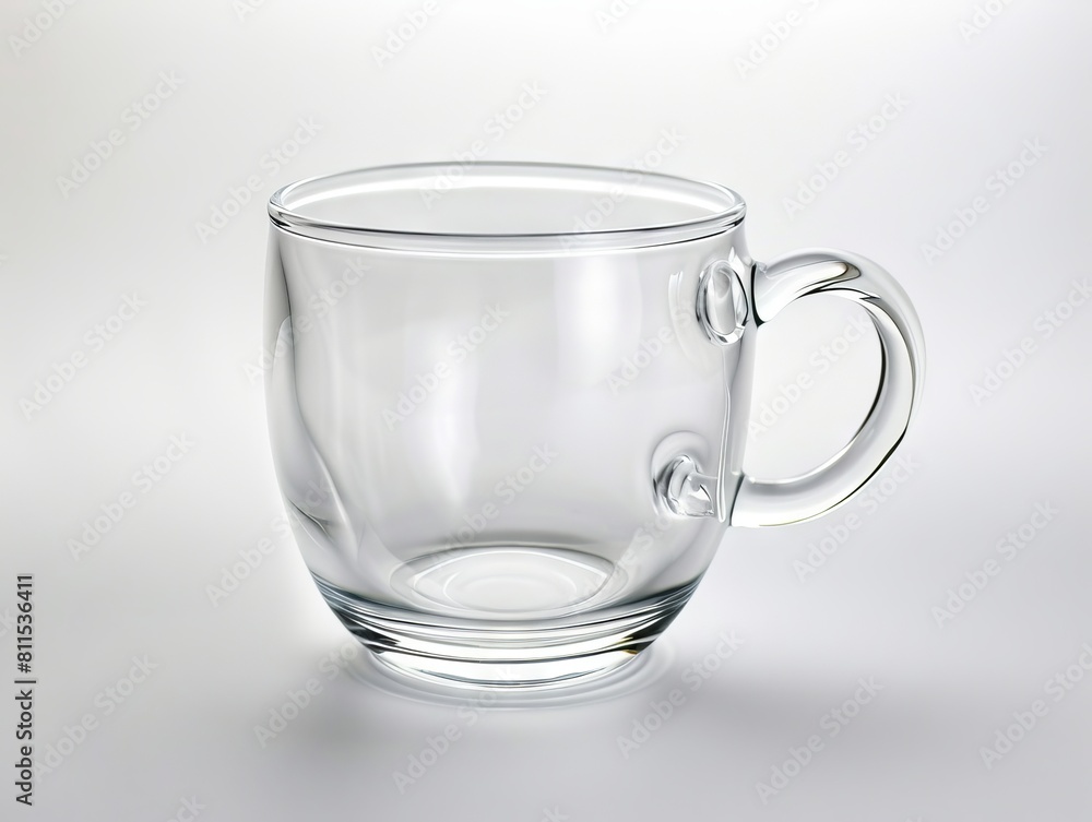 A clear glass mug with a handle on a white background. A clear glass mug with a handle on a white background.