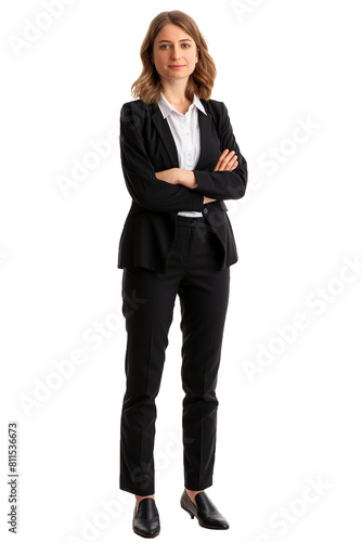 a full-length photograph of a female office worker on an isolated background