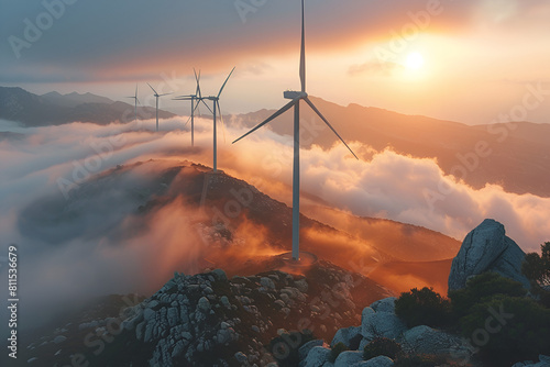 Close-Up Photo of Wind Generators Spinning,
Wind Turbines on Rolling Hills at Sunset Panorama Resplendent
