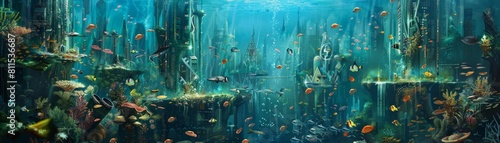 conceptual painting of a submerged cityscape with underwater habitats featuring a variety of colorful fish, including orange, yellow, white, and small orange fish, as well as a small fish photo