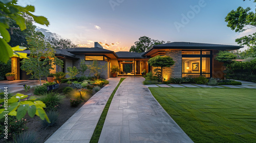 Modern ranch house with a lush lawn and a straight, paved driveway