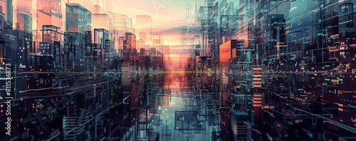 digital art depicting a cityscape with biomimetic skyscraper designs, featuring a towering skyscraper on the left, a bustling street in the center, and a distant mountain range photo