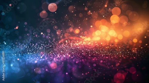 The image shows a beautiful and colorful bokeh background. It has a dark blue background with bright, blurry circles of light in shades of yellow, orange, pink, and blue. © admin_design