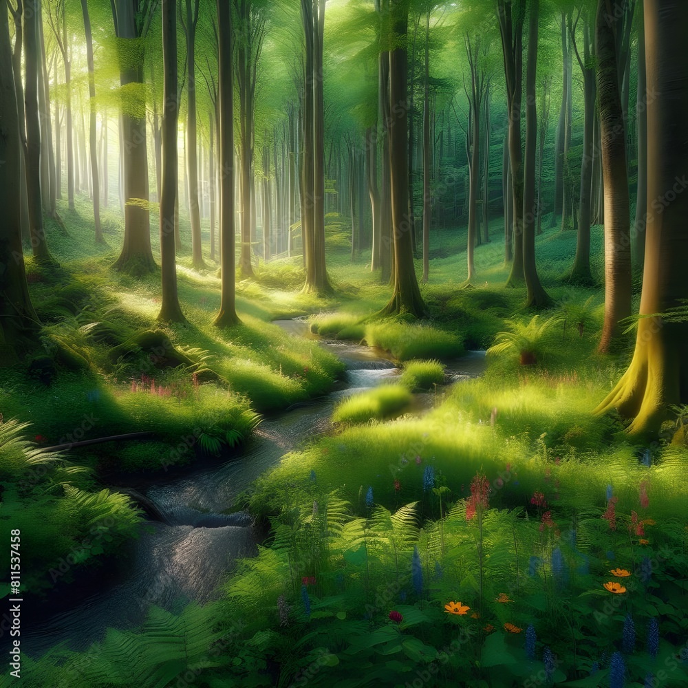 A serene painting of a lush forest, adorned with vibrant trees and blooming flowers.

