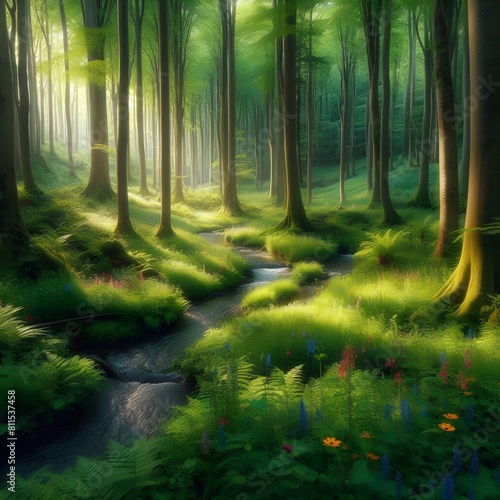 A serene painting of a lush forest  adorned with vibrant trees and blooming flowers.  