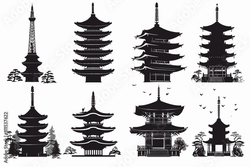 Set Of Silhouette Japanese Temple