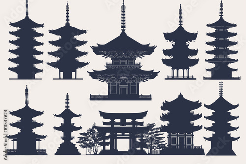Set Of Silhouette Japanese Temple © Ariestia