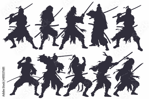 Set Of Silhouette Samurai With Katana
