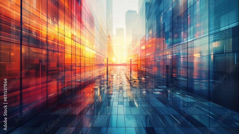The image shows an abstract city with glass skyscrapers The image shows an abstract city with glass skyscrapers