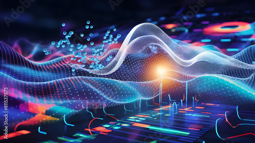 Structured database. Abstract digital wave particle. Digital music background. Sound vibrations. Futuristic dotted wave. Big data analytics. 3D illustration of nano particles in cyberspace