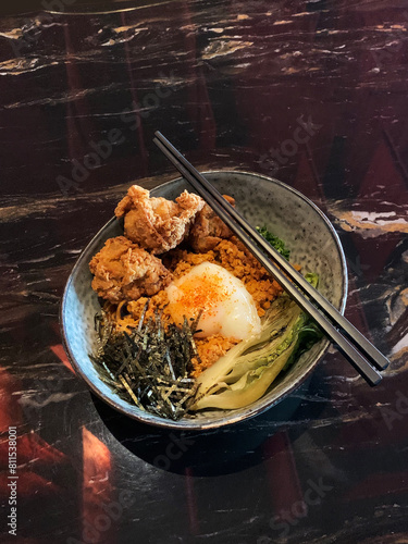 luxury fine dining western halal cuisine main course menu stir fried japanese ramen pasta noodle mee with crispy deep fried chicken meat onsen egg seaweed vegetable hotel restaurant banquet cafe