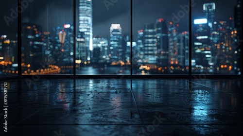 The photo shows a view of a modern city at night from the inside of a building.