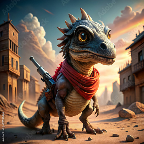 An adorable and fluffy baby dinosaur cowboy western Ai generated art