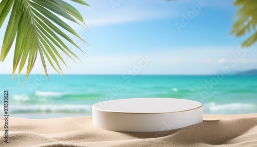 beach with tree, the tranquility of summer with a minimalist backdrop, an empty podium bathed in soft sunlight, offering for presenting cosmetic products in a mock-up © Baloch