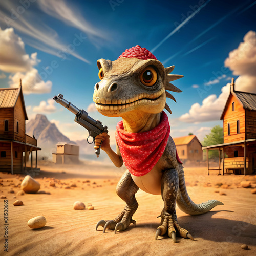 An adorable and fluffy baby dinosaur cowboy western Ai generated art